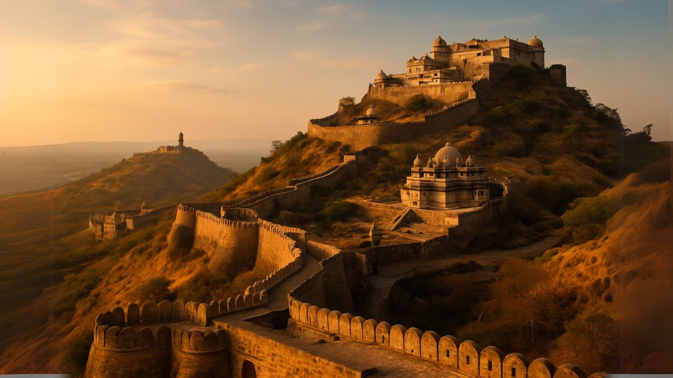 A high-resolution view of Kumbhalgarh and Chittorgarh Forts showcasing towering stone walls, ancient battle-scarred architecture, and the majestic Rajasthani landscape under golden sunlight.