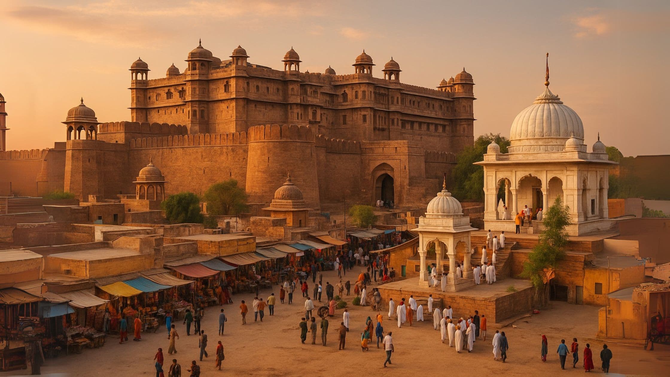 A vibrant view of Nagaur Fort with sandstone walls and domes, surrounded by bustling local streets and spiritual devotees visiting nearby Sufi shrines.