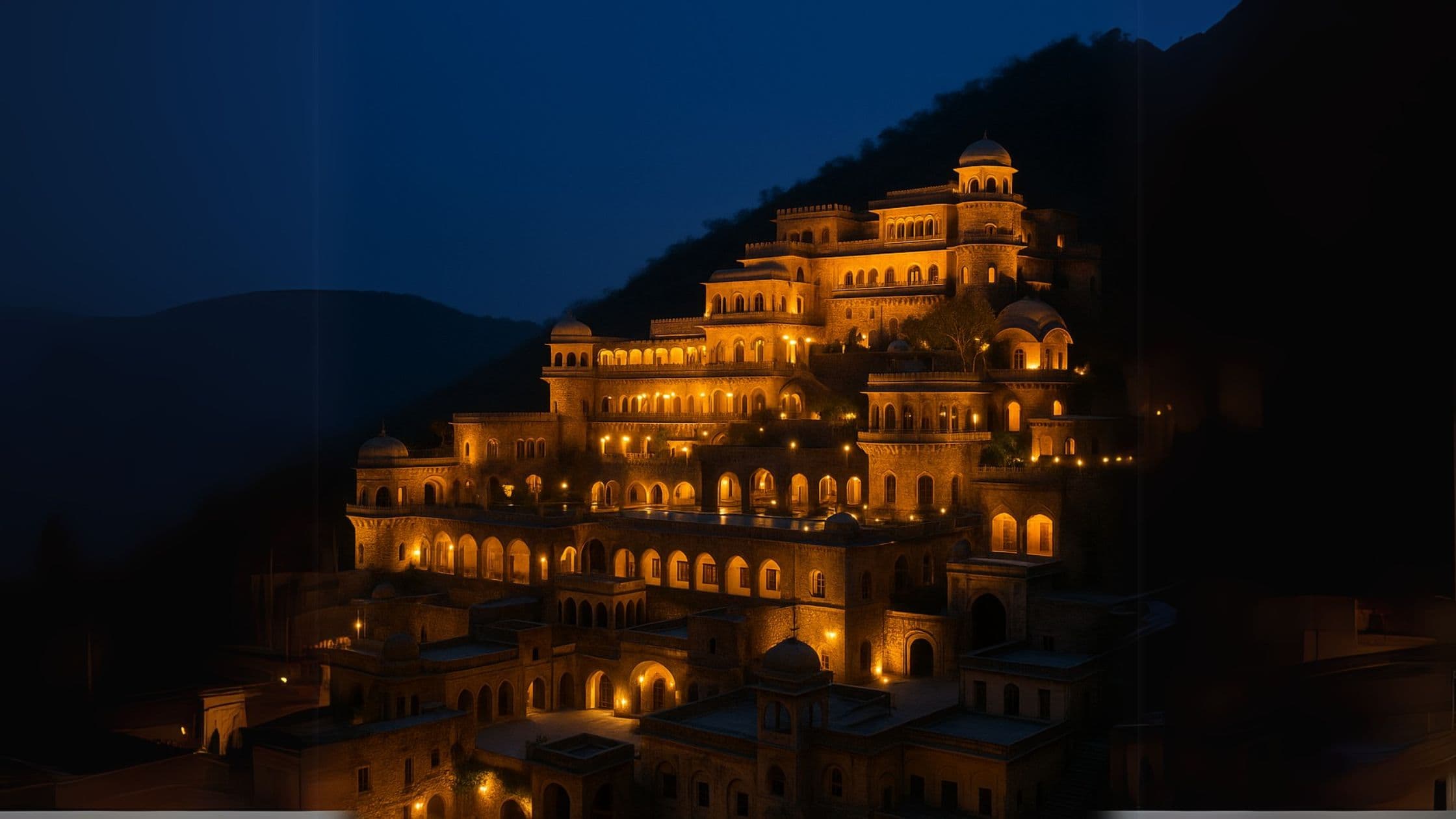  A majestic view of Neemrana Fort Palace lit at night against the Aravalli backdrop, perfect for a luxurious weekend escape from Delhi