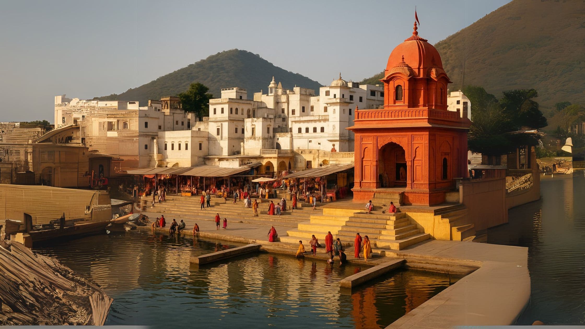 A high-resolution view of Pushkar Lake and Brahma Temple with surrounding ghats, vibrant local markets, and the spiritual essence of Rajasthan in full display.